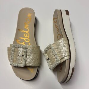 Sam Edelman Ariane Beads Fabric Embellished Buckle Platform Slide Sandals- Plati